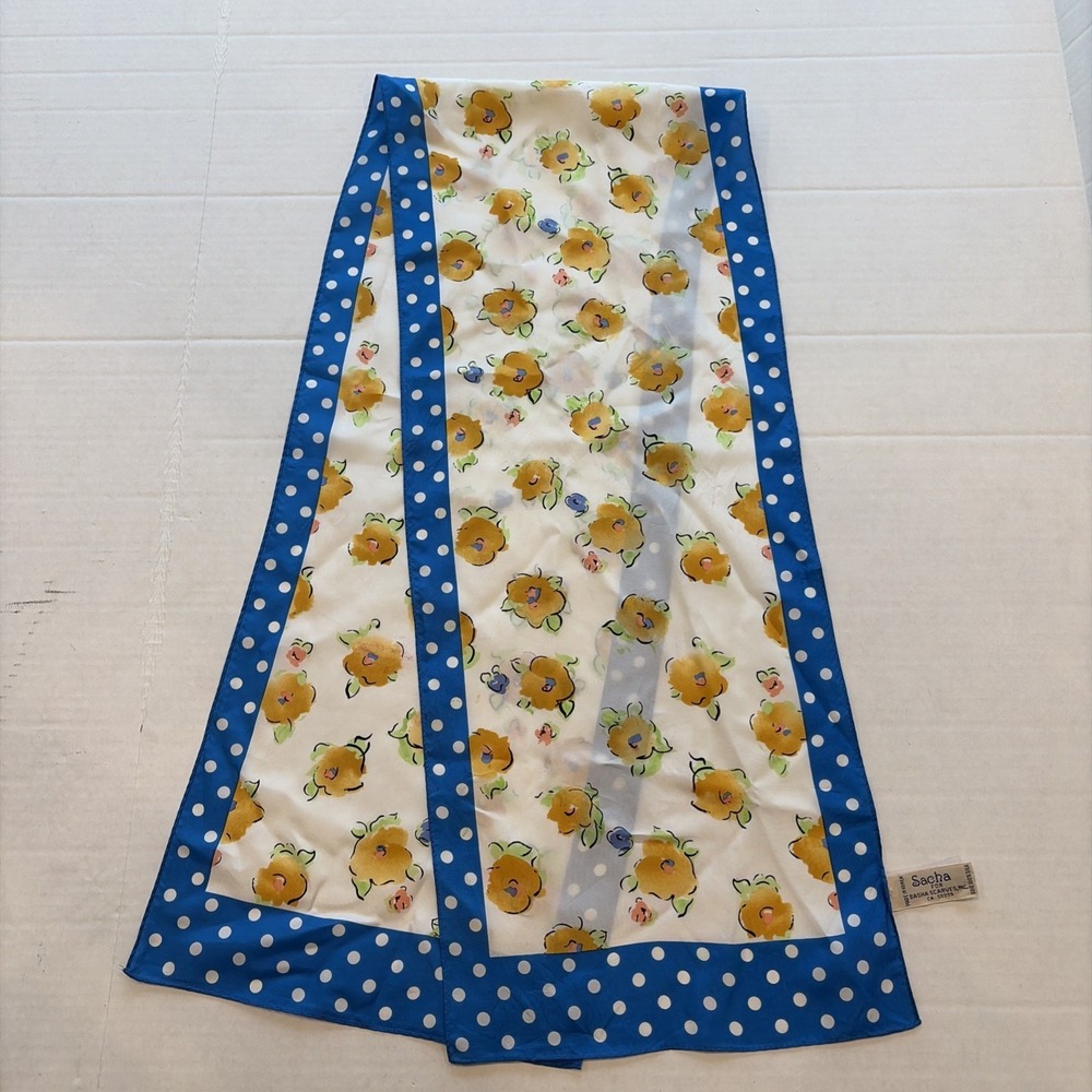Vintage Sacha for Basha Silk Scarf Yellow Floral Blue Polka Dot - Please Read